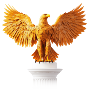 A golden eagle with wings outstretched, perched atop a white classical column