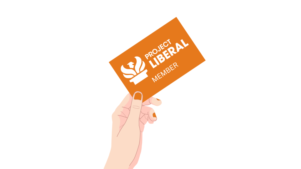 A hand holding an orange Project Liberal member card
