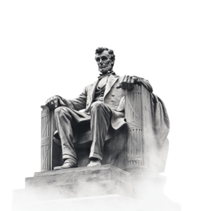 The seated Lincoln Memorial statue, in greyscale