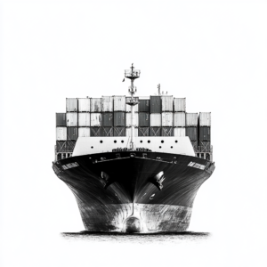 A single large shipping container, in greyscale