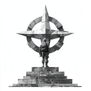 A sculpture of the NATO compass emblem, in greyscale