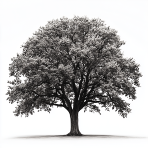 An old tree with many spreading branches, in greyscale