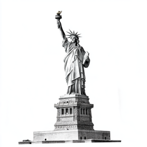 The Statue of Liberty rising through cloud, in greyscale